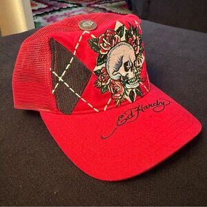 Ed Hardy Red Skull & Rose Embroidered Trucker Hat